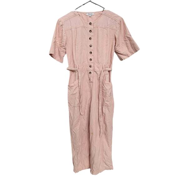 Madewell Top Stitched Coverall Belt Button Jumpsuit Bashful Pink Women Sz 00 - Picture 2 of 12